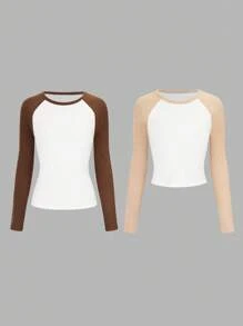 SHEIN BASICS 2 pièces T-shirts classiques slim fit pour femmes, col rond, manches raglan, couleur contrastée, tricot casual - Multicolore - Voir 3