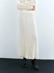 Maija 女士白色麦穗针织装饰松紧腰宽松条纹麦穗图案优雅百搭时尚舒适裙子，适合所有季节，情人节送给优雅女士的礼物 - 白色 - 查看 3