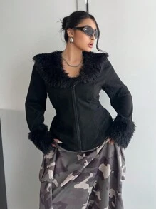 Flirla Plus Size Fashionable Jacket, Suitable For Autumn/Winter Back To School, Daily Wear, Campus Style, Fashionable, Casual, V-Neck Design Slightly Sexy, Charming - Black - View 4