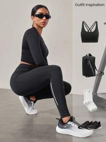 GLOWMODE 26" Powersculpt Running Leggings Side Pockets Reflective Medium Impact Training Workout Quick Dry Moisture Wicking Cool Feeling - Black - View 5