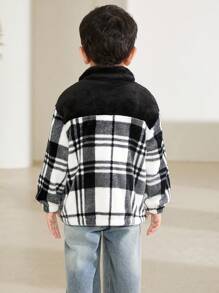 SHEIN Young Boys Fleece-Feel Houndstooth Zipper Jacket, With Contrast Black Panel On Shoulders, Convenient Zip Design, Versatile To Match Various Pants, A Classic Essential - Multicolor - View 2