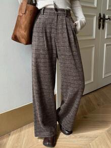DAZY Pleated Wide Leg Floor Length Plaid Pants For Women,Fall Clothes