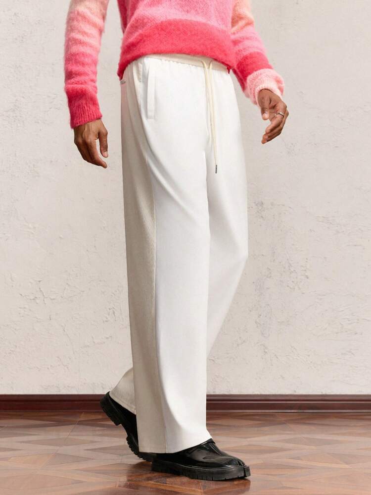 Men's Apricot & White Color Block Patchwork Elastic Waist Drawstring Straight Leg Casual Pants, Suitable For Daily Wear With Letter Metal Accessories, Long Baggy White Slacks Pants, For Work, Husband, Boyfriend Gifts