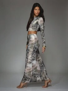 MISSGUIDED Bedrukt mesh ronde hals top met lange mouwen en bodycon maxi rok tweedelige co-ordset