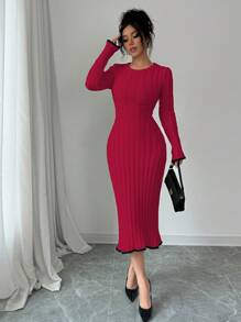 Elenzga Vestido de punto casual simple con cuello redondo, manga larga y cordones en la espalda en bloque de color para mujer, atuendo para el Año Nuevo