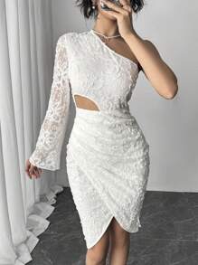 Chiquease Women Floral Jacquard Asymmetric Long Sleeve Cutout Pleated Fitted Elegant Dress Maxi Women Outfit