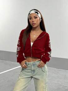 StreetHx 女士哥特式文字水钻装饰短款拉链连帽卫衣，秋冬季新年毕业季、返校季、毕业典礼、教师节、返校套头衫 - 紅色 - 查看 6