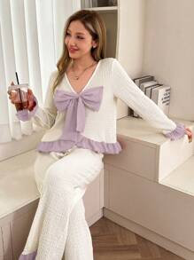 Softscene Set di pigiami da donna con fiocco decorativo a contrasto di colore, in tessuto jacquard, adatto per la stagione festiva, abiti autunnali e invernali, dettagli confortevoli ed eleganti - Rosa antico - Visualizzare 3