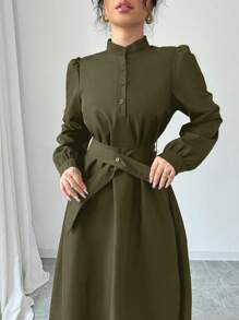 Elenzga Vestido Longo Sólido de Inverno para Mulheres com Manga Longa, Colarinho Reto, Zíper Até a Cintura e Amarração na Cintura, para Looks Elegantes, Casuais, Negócios e Viagens - Verde Militar - Visão 4