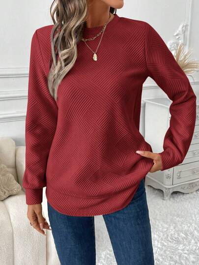 New Year Holiday Women Outfits Red Christmas Women Clothes Women's Casual Comfortable Waffle Knit Crew Neck Asymmetrical Hem Basic Sweatshirt,Long Sleeve Tops Graduation,Back To School Outfits,Graduation,Teacher Outfits For Women,Back To School In Fall/Winter