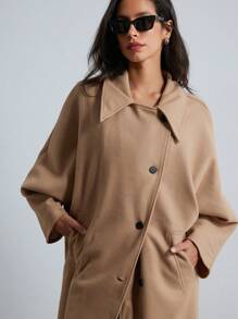 SHEIN Privé Áo khoác dài tay cánh dơi thiết kế theo phong cách Pháp rộng rãi, thoải mái hợp thời trang - Màu Khaki - Xem 3