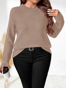 SHEIN LUNE 大码女式纯色圆领落肩长袖休闲套头毛衣，秋冬针织套头衫 - 卡其色 - 查看 1
