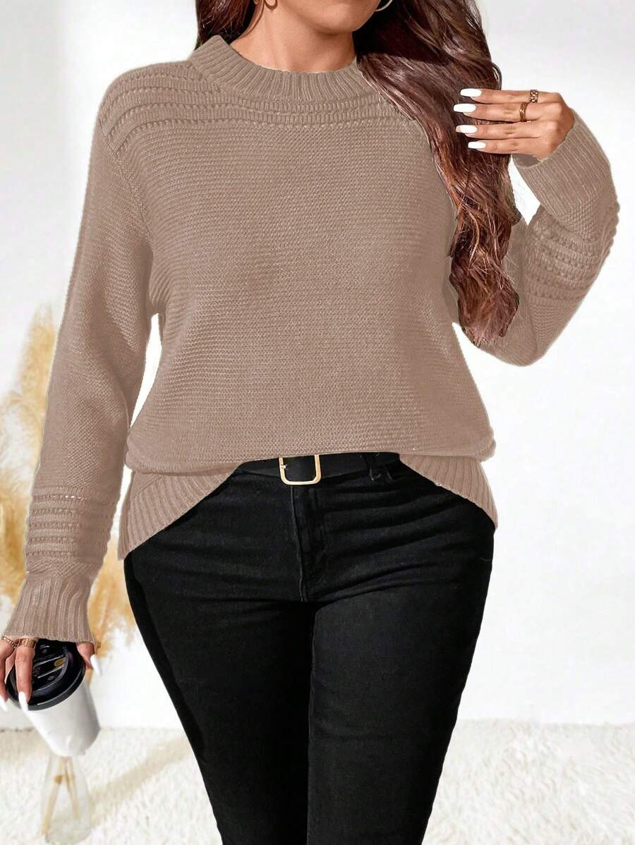 SHEIN LUNE 大码女式纯色圆领落肩长袖休闲套头毛衣，秋冬针织套头衫 - 卡其色 - 查看 1