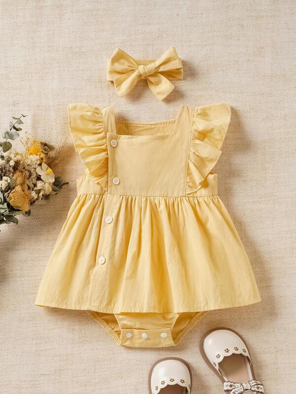 Souflis Souflis Baby Girl Spring/Summer Yellow Lace Trimmed Bodysuit With Ruffle Hemline, Headband, Suitable For Daily Casual Cute And Fashionable Outfits