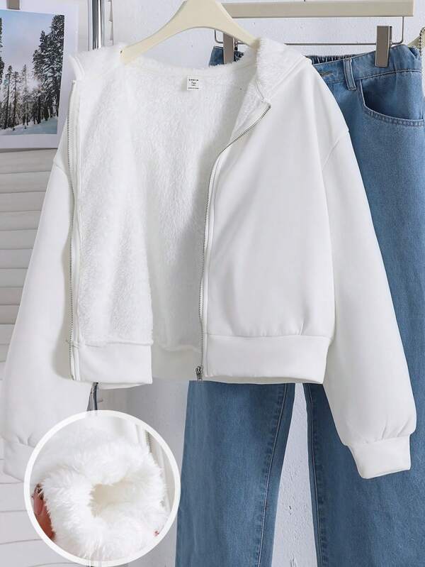 SHEIN Sudadera con capucha blanca de cremallera delantera para adolescentes, sudadera corta y recortada de unicolor