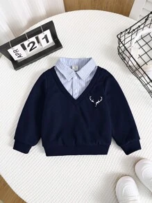 SHEIN Baby Boy Cute Cartoon Pattern Colorblock Striped Long Sleeve Sweatshirt, Versatile For Autumn/Winter, For Christmas - Multicolor - View 4