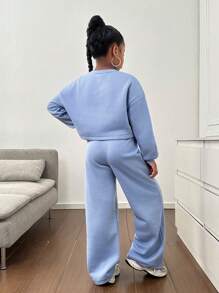 SHEIN Conjunto informal de niña preadolescente con sudadera de manga larga holgada y caída de hombros con parches y pantalón de chándal plisado largo - Celeste - Ver 2