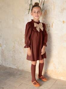 SHEIN LMoss Kids LMoss Young Girls Colorblock Bow Decor Long Sleeve Loose Ruffle Hem Dress - Brown - View 7