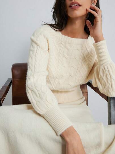 SHEIN Privé French Romantic Style Braided Square Neck Off Shoulder Design Long Sleeve Knit Top And Ruffled Hem Skirt 2 Pieces Set For Women Oversized Sweater 