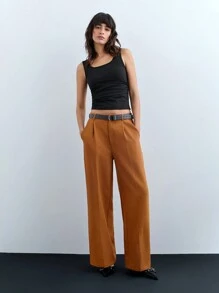 Maija Women's Spring Brown Fashionable Zipper Front Placket Hook Slanted Pocket Loose Straight Leg Suit Pants - Brown - View 1