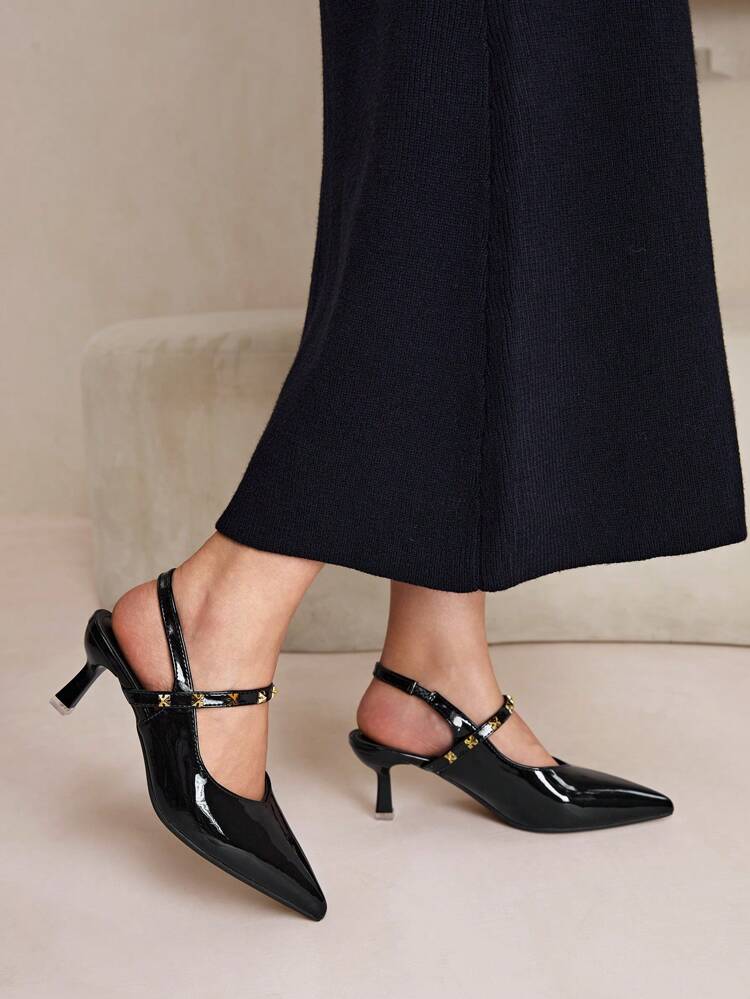 CUCCOO CURVES Plus Width High Heel Pointed Toe Elegant Black Satin Slingback Sandals For All Seasons