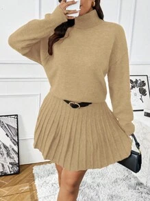Franclia Conjunto de suéter de cuello de punto y falda mini acanalada de punto para talla grande, atuendo casual y versátil para uso diario en invierno
