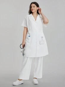 TaskEZ Plus Size Women Solid Color Lapel Short Sleeve Single-Breasted Loose Nurse Dress - White - View 7