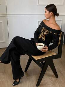 DAZY Color Block Leopard Print Off-Shoulder Long Sleeve Figure-Fitting Women T-Shirt Cheetah Print,Fall Clothes Cute Tops - Black - View 4