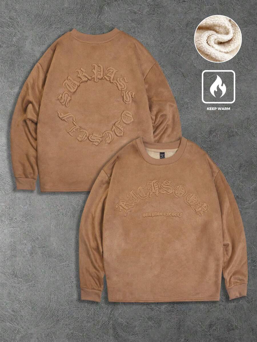 Manfinity Hypemode Men's Letter Embroidery Crew Neck Long Sleeve Casual Pullover Sweatshirt, Autumn Going Out Casual Sweatshirt, For Friends, Husband, Boyfriend Gifts - Brown - View 1