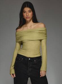 MISSGUIDED Áo trễ vai tay dài họa tiết thanh lịch hoàn hảo cho lễ kỷ niệm Ngày Thánh Patrick, trang phục dự tiệc theo chủ đề Ireland nhún bèo cho buổi tối lễ hội ngày 17 tháng 3 - Màu xanh Ô liu - Xem 6