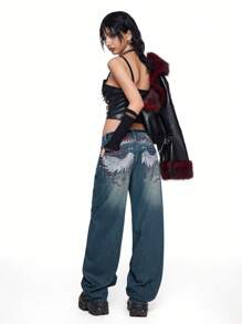 ROMWE Grunge Punk Quần Jeans Rách Lưng Thấp Y2K PUNK Có Cánh Sau, Dây Xích Và Đồ Họa Thêu Chữ Thập - Màu xanh lam - Xem 7