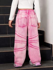 SHEIN Explorewe Young Girl New Fashionable Patchwork Design Faded Red Straight Leg Jeans - Hot Pink - View 2