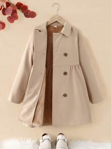 SHEIN Serisse Kids Abrigo largo de forro polar de color caqui sólido y simple para niñas preadolescentes, adecuado y cálido para otoño e invierno, uso diario, ocasión casual, vuelta al colegio