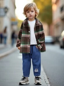 Young Boy Casual Daily Green Plaid Shirt, Distressed Denim Jeans, Spring Autumn Stylish Outfit - Green - View 1