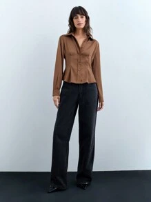 Maija Women's Elegant Satin Twill Long Sleeve Shirt, Daily Versatile Fitted Style, Autumn/Winter - Coffee Brown - View 3