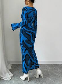 Selianne 女士斑马纹喇叭袖毛衣裙 - 藍色 - 查看 2