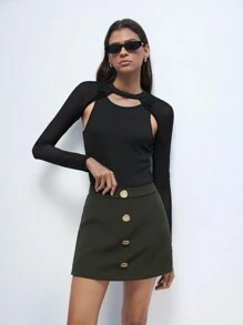 Maija Chaleco de punto negro sólido con transparencia y calado para mujer, con camiseta de manga larga con cuello redondo desmontable, para otoño/invierno - Negro - Ver 3