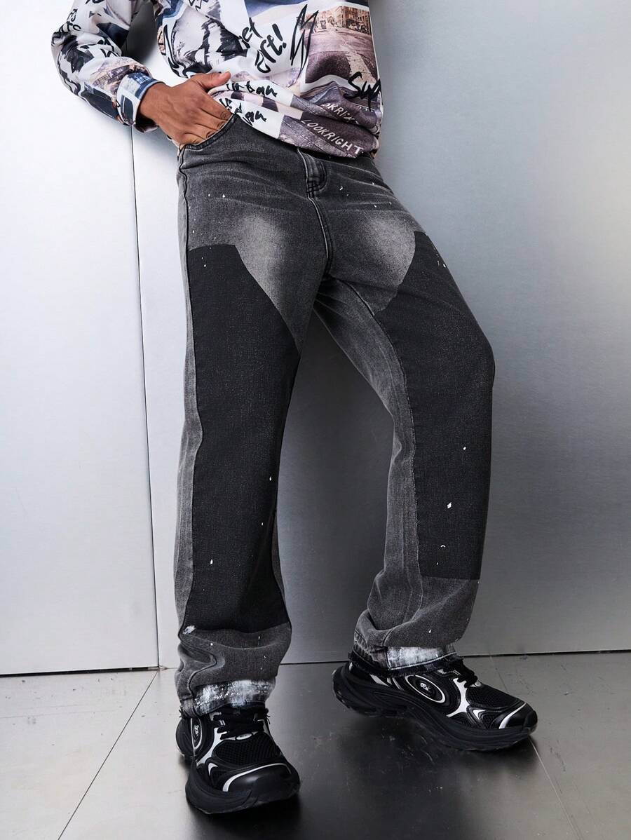 SHEIN Explorewe Teen Boy New Arrival European Style Fashion 3D Graphic & Painted Dots Detail Straight Dark Gray Denim Jeans - Dark Grey - View 1