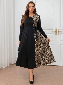 Modelyn Plus Size Leopard Print Tied Dress, Casual And Fashion Suitable For Daily Wear Long Evening Dresses
