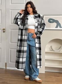 SHEIN EZwear Plus Size Front Button Long Sleeve Pocket Plaid Casual Jacket, For Winter - Black and White - View 4