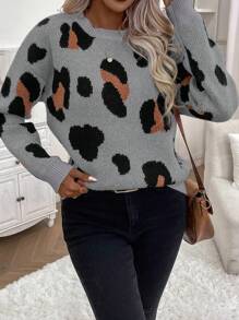 SHEIN LUNE Jersey casual de cuello redondo de manga larga con detalle de estampado de leopardo para mujer