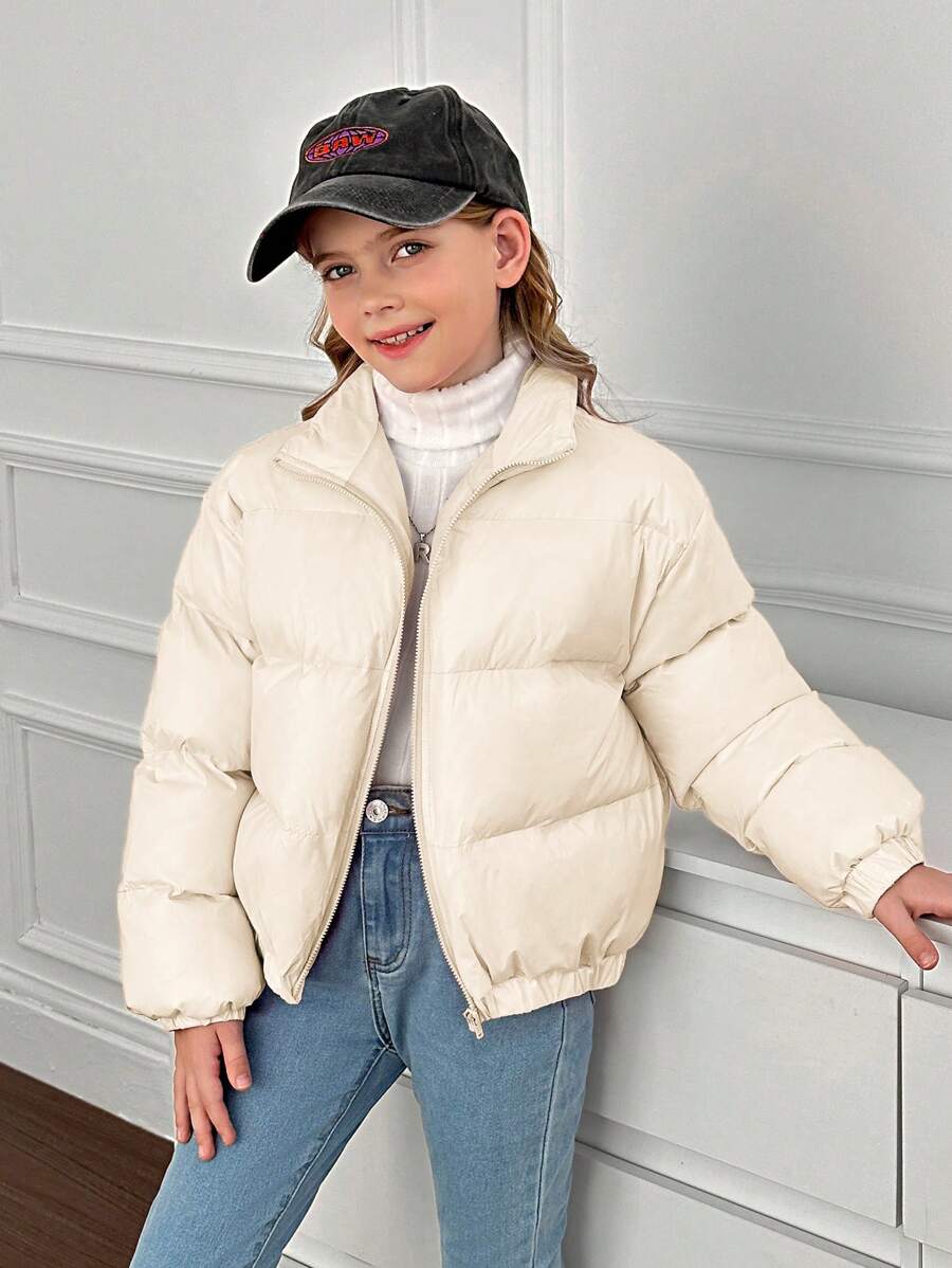 SHEIN Tween 女童纯色立领厚款宽松休闲短款棉服外套 - 米色 - 查看 1