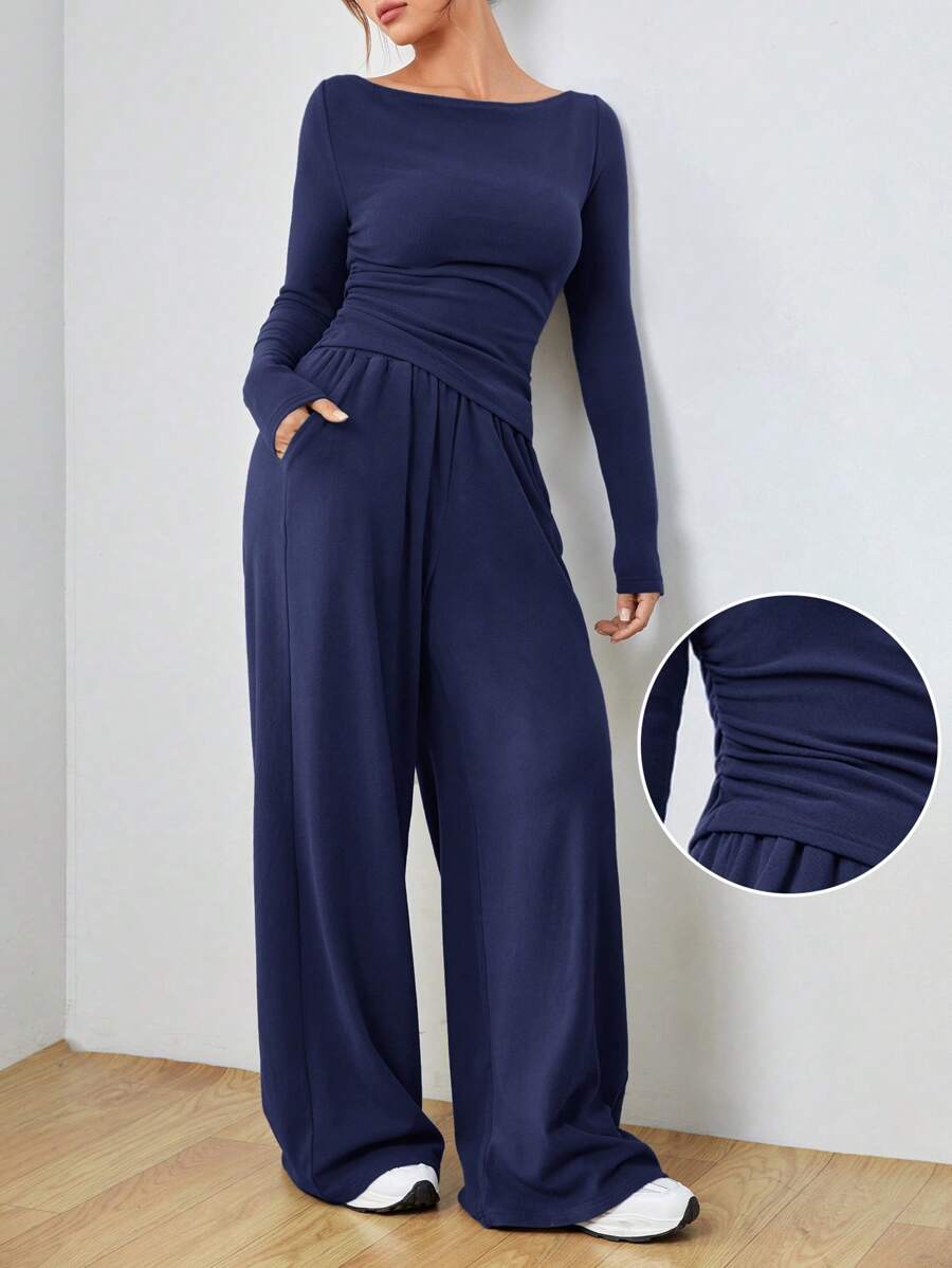 SHEIN EZwear Dệt kim Của phụ nữ Thon gọn Cổ thuyền Tay áo dài Áo Và Quần ống rộng Bộ - Màu xanh hải quân - Xem 1