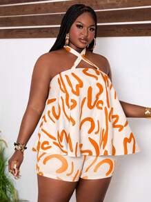 Slaydiva 大码休闲优雅宽松交叉吊带 A 字裙，抽象印花艺术品设计，女士 2 件套 - 橘色 - 查看 3