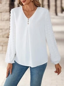 EMERY ROSE Women's Plain Front Button Long Sleeve Swiss Dot Minimalist Casual Shirt Spring Clothes White Shirt