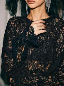 Poéselle Black Long-Sleeved Lace Shirt, Women's Round Neck Long Sleeve Lace Sheer Loose Top, Fall Women Outfits, Winter Women Clothes , Christmas Women Clothes, Simple Fashion, Old Money Style, Suitable For Daily, Out Of The Street, Commuting, And Other Occasions To Wear Autumn And Winter Essential Pieces - Black - View 7