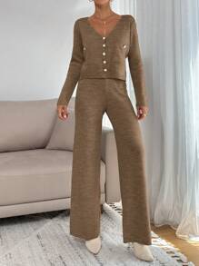 2pcs Women Casual Button Front Long Sleeve Top And Long Pants Set