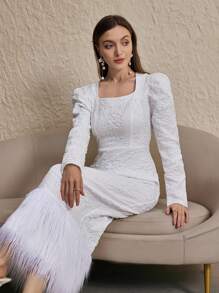 Modelyn 女士方领长袖纯色简约休闲长裙长款晚礼服 - 白色 - 查看 6