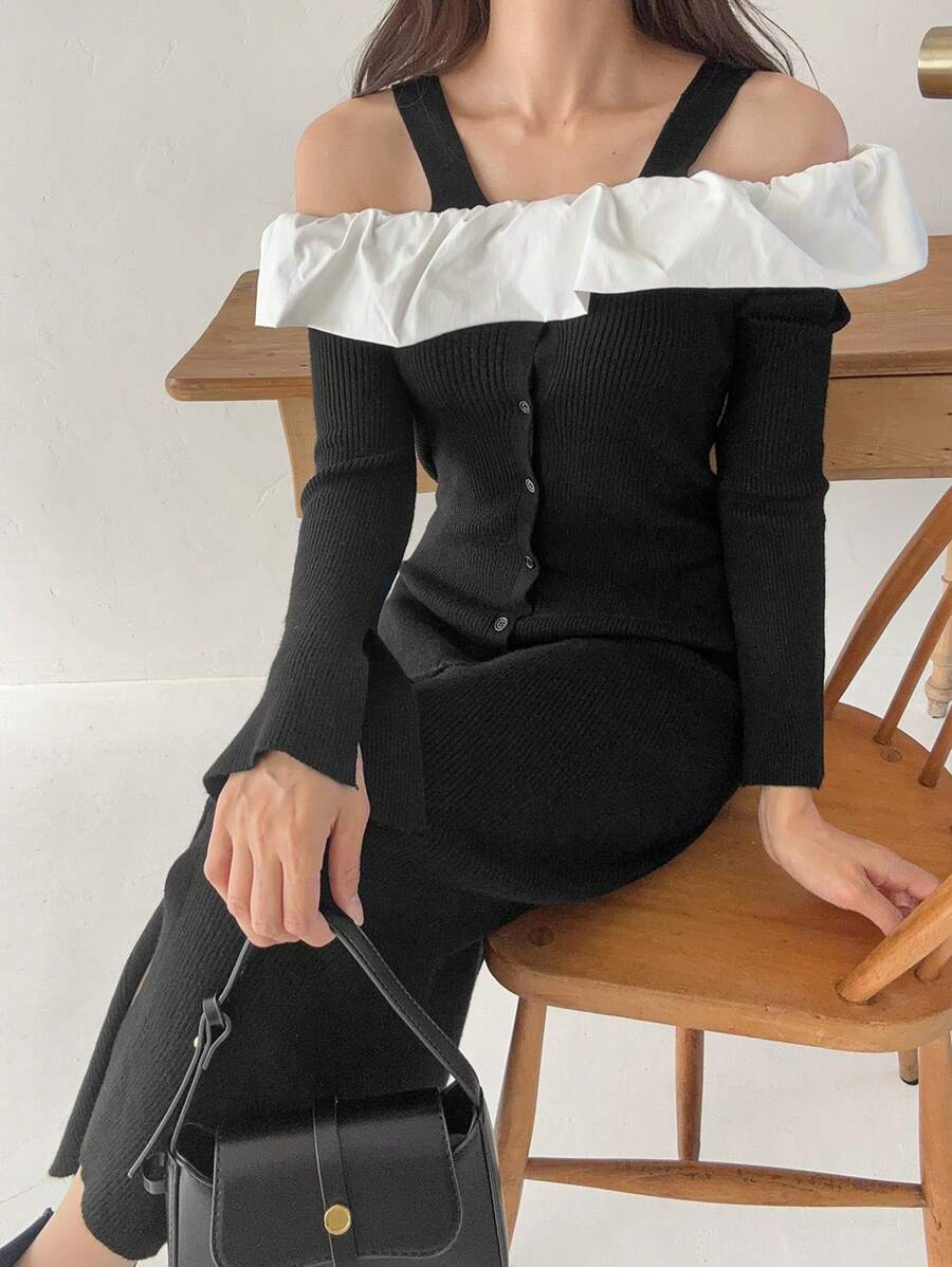 FRIFUL Women Contrast Color Block Button-Front Long Sleeve Casual Sweater Dress,Ruffle - Black - View 1