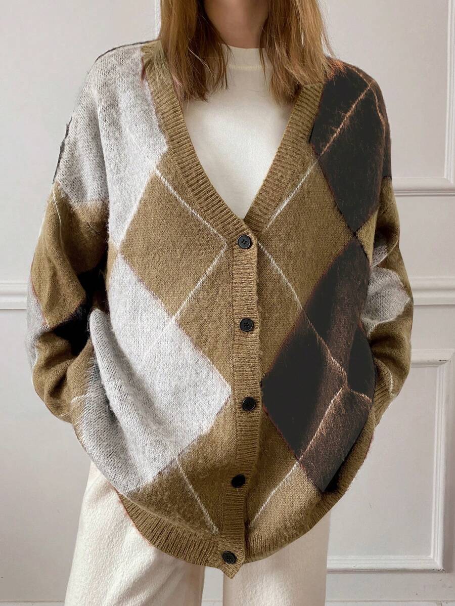 DAZY 女式宽松格子 V 领纽扣长袖开衫，秋季女装夹克 - 卡其色 - 查看 1